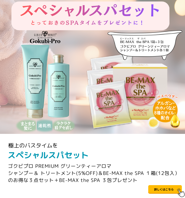 ゴクビプロ グリーンティーアロマ シャンプー＆ PREMIUMトリートメント(5%OFF)＆BE-MAX the SPA １箱(12包入）のお得な３点セット＋BE-MAX the SPA ３包プレゼント